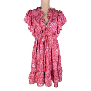Figue Denissa Silk Dress Sz S Pink Tropical Paisley Beachy Vacation Resort